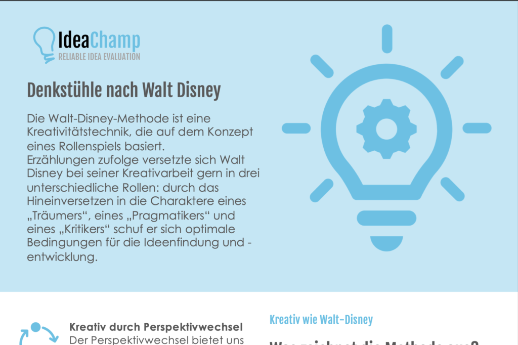 IdeaChamp Academy Checklisten und Arbeitsblätter Denkstühle Walt Disney
